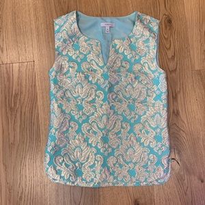J. Crew Green and Gold Jacquard Top